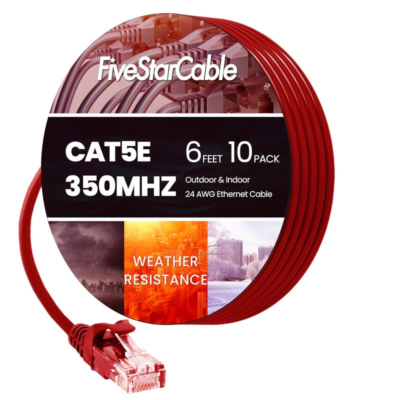 FiveStarCable 10 Pack Snagless Short Cat 5e Ethernet Cable - 6 Ft, High-Speed Internet Network Cable, PoE, RJ45 Connector, Gigabit LAN Patch Cord for Router, Modem, PC, Gaming, Smart TV, PS5, Red - Image 1